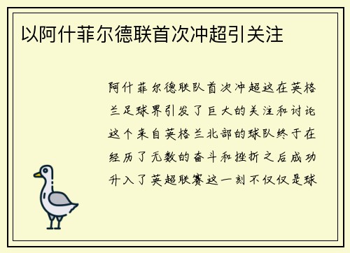 以阿什菲尔德联首次冲超引关注